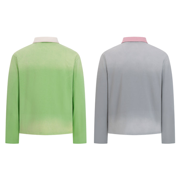 Back view of green and gray long sleeve polo shirts showing contrasting collars and plain panels