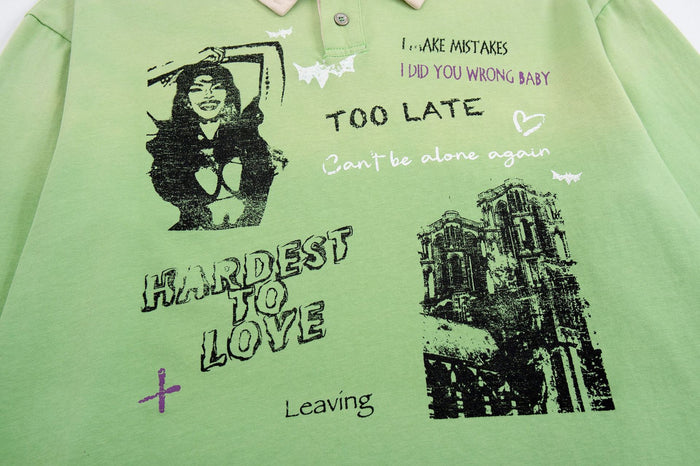 Close-up of the green polo shirt chest graphic with illustrated figures, text, and building artwork
