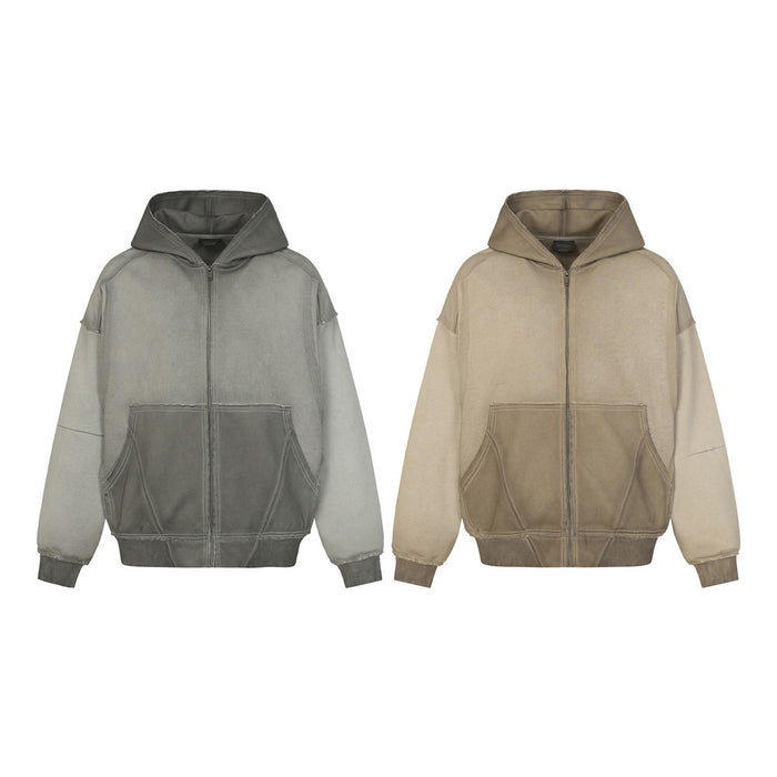 Front view of oversized zip-up hoodies in washed gray and beige with patchwork pockets and ribbed cuffs