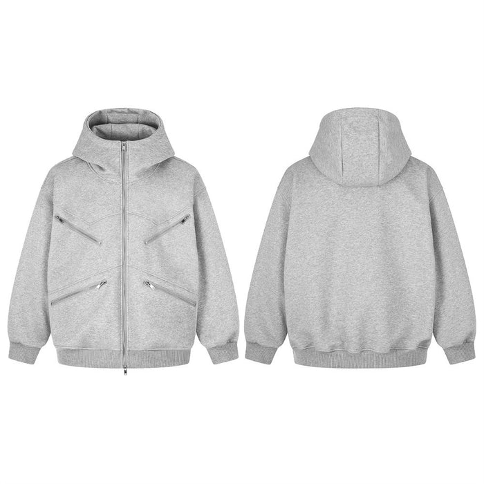 Oversized Zip-Up Hoodie with Multi-Zipper Detail in Grey
