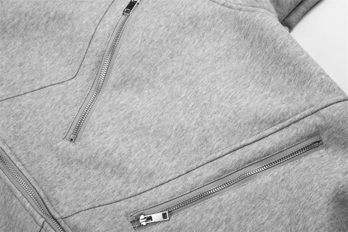 Oversized Zip-Up Hoodie with Multi-Zipper Detail in Grey
