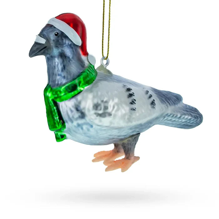 Pigeon in Santa Hat Glass Ornament
