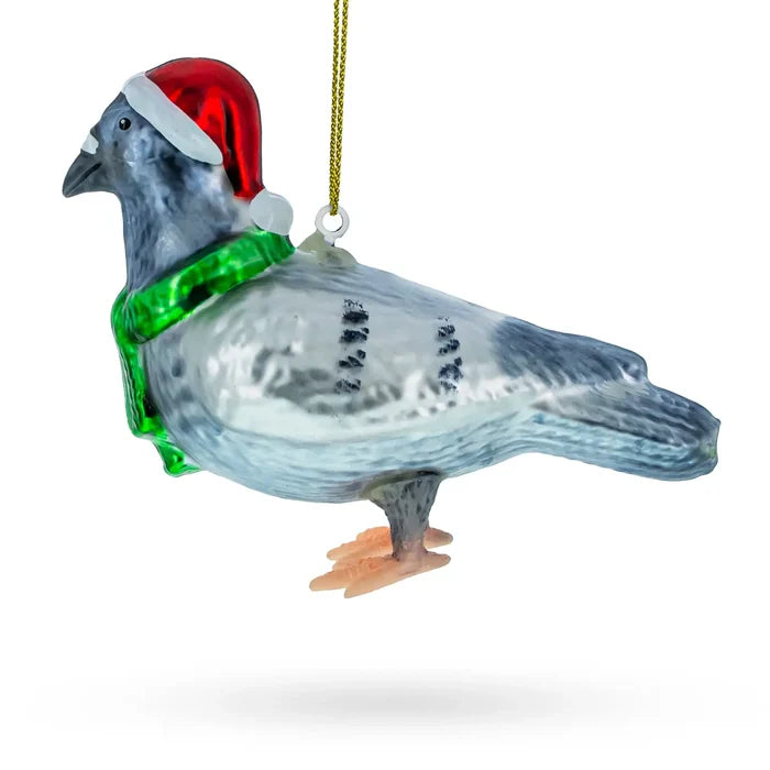 Pigeon in Santa Hat Glass Ornament