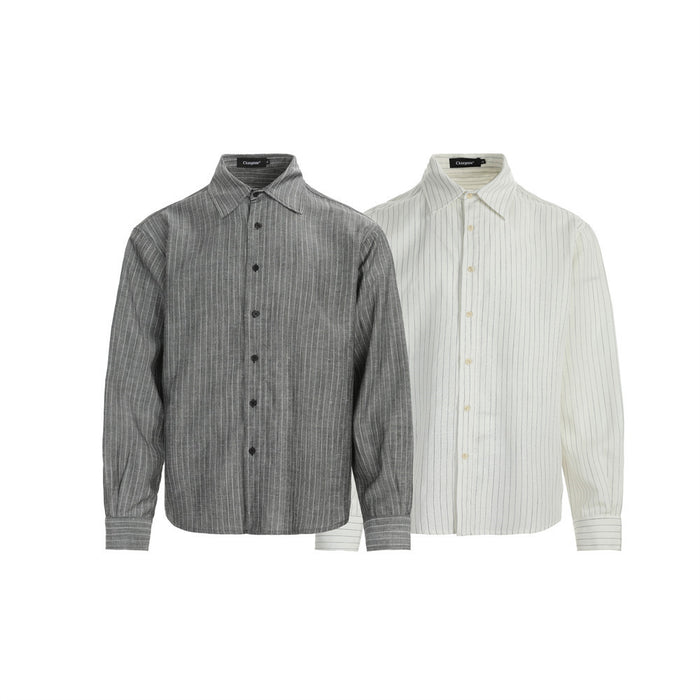 Gray and off-white long sleeve pinstripe button-up shirts shown from the front