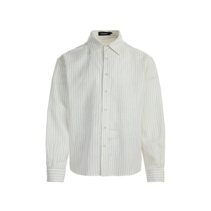 Oversized pinstripe long sleeve button-up shirt in off-white with point collar and barrel cuffs