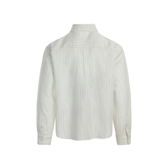 Off-white pinstripe long sleeve shirt shown from the back with a yoke and button cuffs