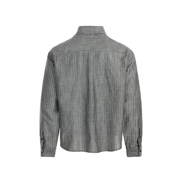 Gray pinstripe long sleeve shirt shown from the back with a gathered yoke