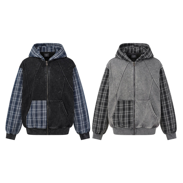Two plaid patchwork zip-up hoodies shown from the front in black and blue or gray and black colorways