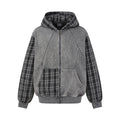 Oversized washed fleece zip-up hoodie with plaid flannel sleeves and hood lining, grey colorway, front view