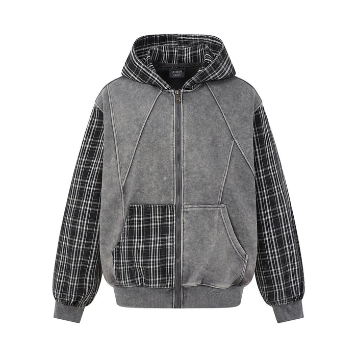 Oversized washed fleece zip-up hoodie with plaid flannel sleeves and hood lining, grey colorway, front view