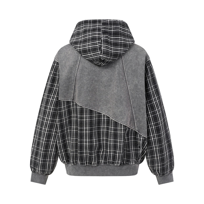 Back view of the gray and black plaid patchwork hoodie with a contrasting gray shoulder panel