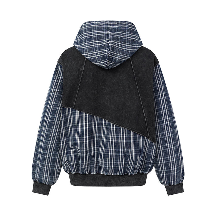 Back view of the black and blue plaid patchwork hoodie with a contrasting black upper panel