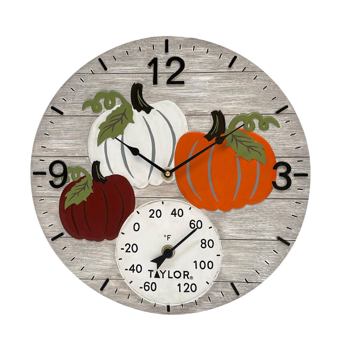 Taylor Pumpkin Time poly resin clock featuring pumpkins and a built in thermometer on a wooden round plaque