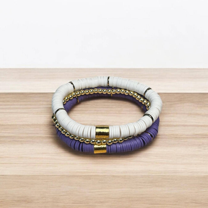 Purple and White Heishi Bead Bracelet Stack