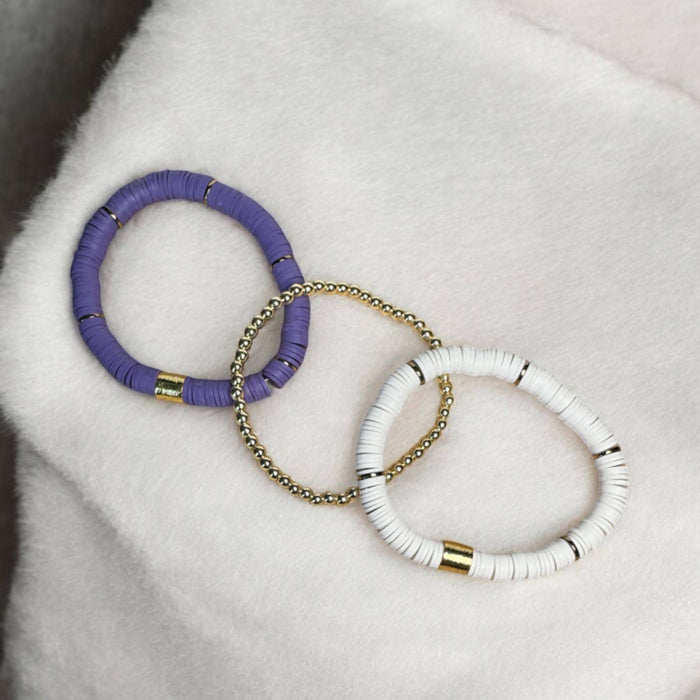 Purple and White Heishi Bead Bracelet Stack