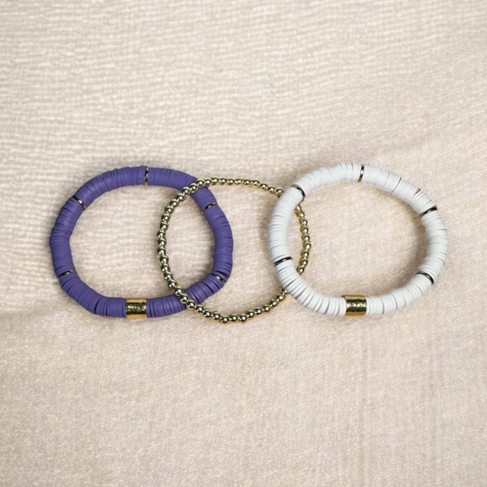 Purple and White Heishi Bead Bracelet Stack