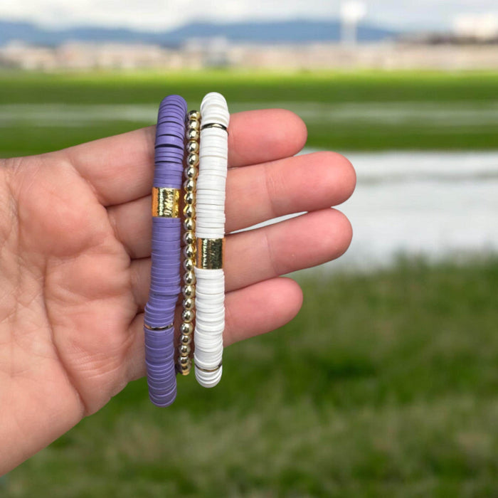Purple and White Heishi Bead Bracelet Stack