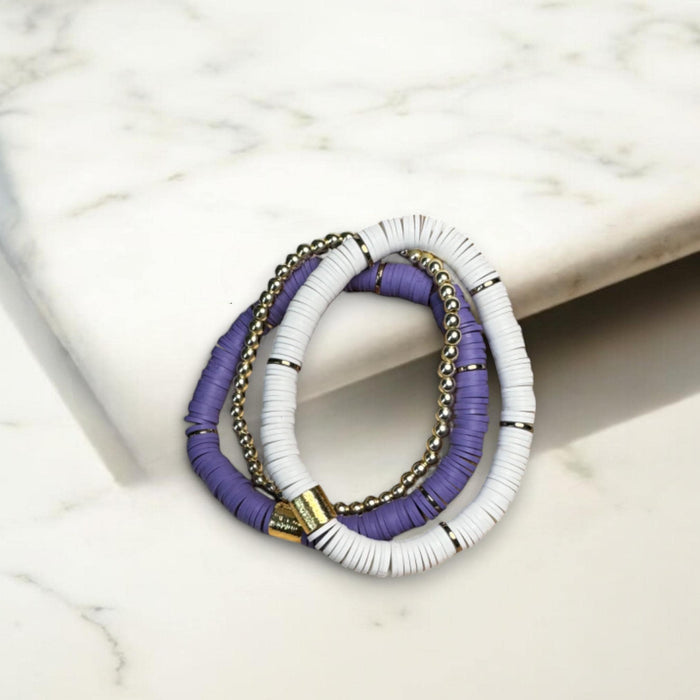 Purple and White Heishi Bead Bracelet Stack