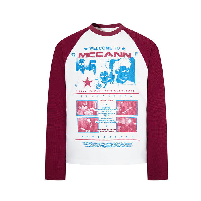 White and burgundy raglan long sleeve tee with retro Blur band concert-poster graphic print on the front and waffle-knit cont