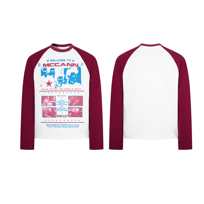 White raglan long sleeve tee with burgundy textured sleeves, front retro graphic, and plain back shown together