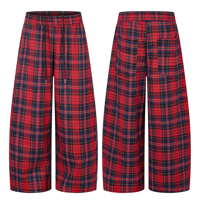 Red tartan plaid wide-leg pants with elastic drawstring waistband, front and back view