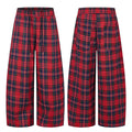 Red tartan plaid wide-leg pants with elastic drawstring waistband, front and back view
