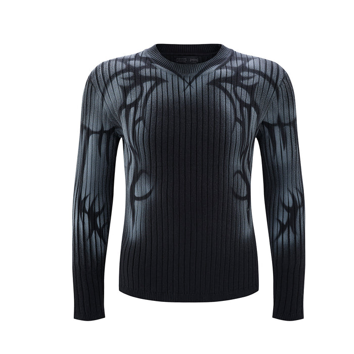 Ribbed crew neck sweater with tribal graffiti ink-spray print in black, front view