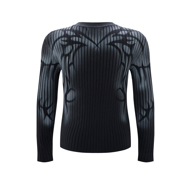 Black ribbed crew neck sweater shown from the front with an abstract gray tribal graffiti print