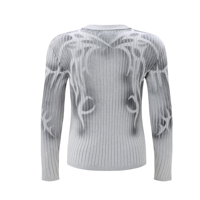 Light gray ribbed sweater shown from the back with an abstract gray tribal graffiti print