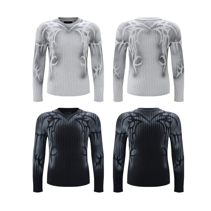 Four ribbed crew neck sweaters arranged in black and light gray, showing front and back views