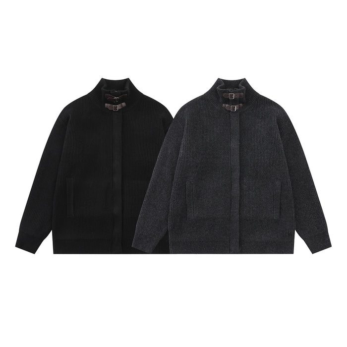 Ribbed knit mock-neck zip cardigans in black and charcoal, shown from the front with buckle collars