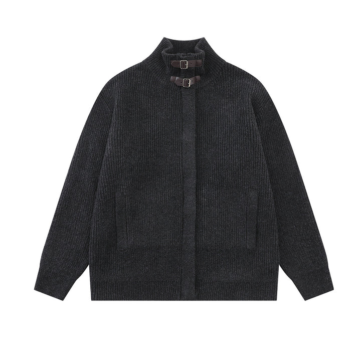 Ribbed knit mock-neck zip cardigan with leather buckle collar detail in charcoal grey, front view
