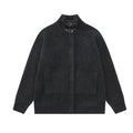 Ribbed knit mock-neck zip cardigan with leather buckle collar detail in charcoal grey, front view