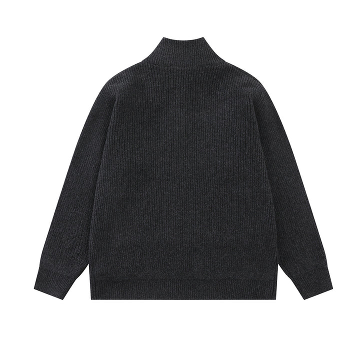 Charcoal ribbed knit mock-neck cardigan shown from the back with long sleeves and a plain rear panel