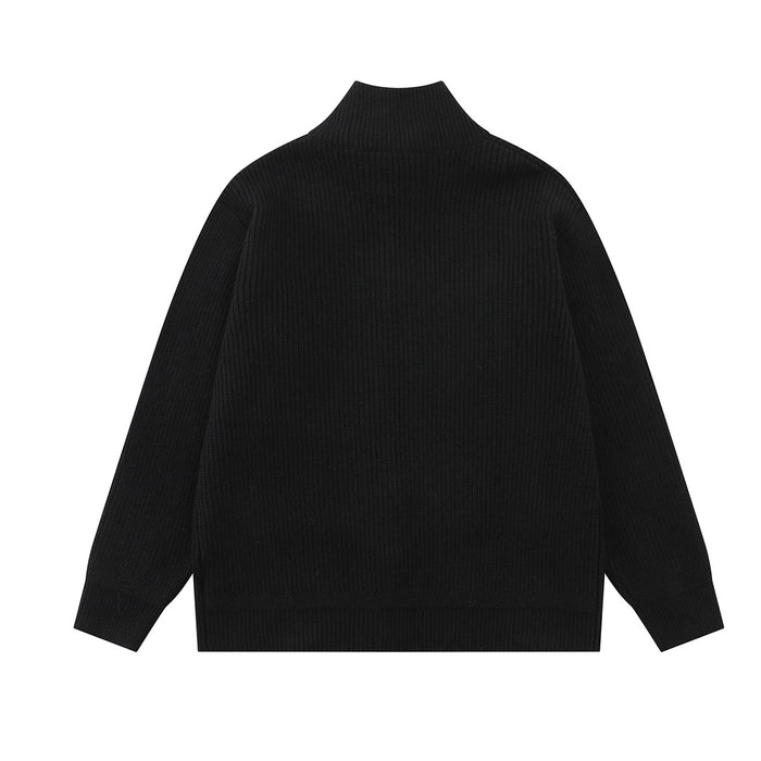 Black ribbed knit cardigan shown from the back with a high mock neck and ribbed hem
