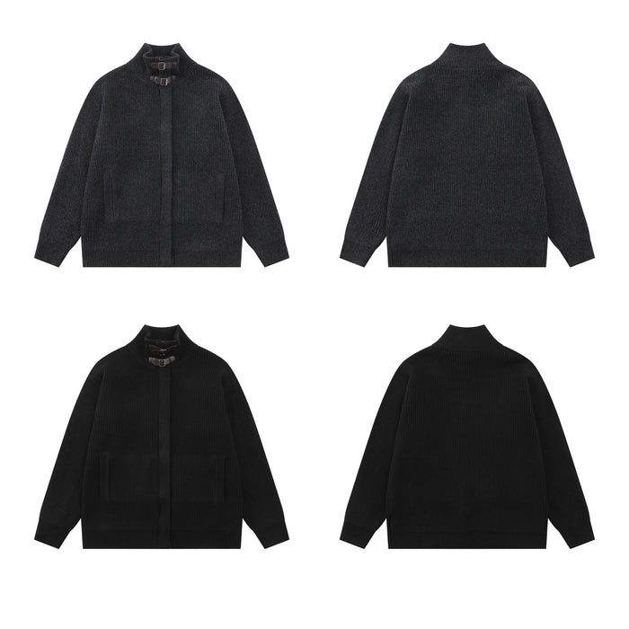 Front and back views of black and charcoal ribbed knit zip cardigans with buckle neck details