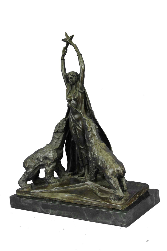 Signed Ernst Seger Woman Goddess with Two Polar Bear Bronze Figurine Sculpture