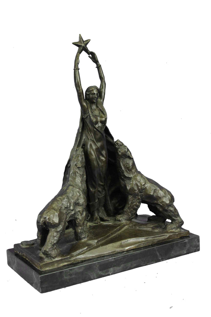 Signed Ernst Seger Woman Goddess with Two Polar Bear Bronze Figurine Sculpture