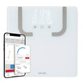 Smart Body Composition Scale with Quick-view display and Precision Hub App; scale shown with a smartphone app interface nearby