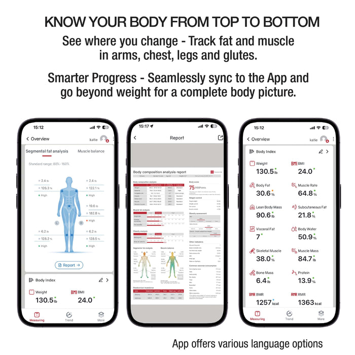 Three smartphone screens show the Precision Hub app with body composition charts and reports.