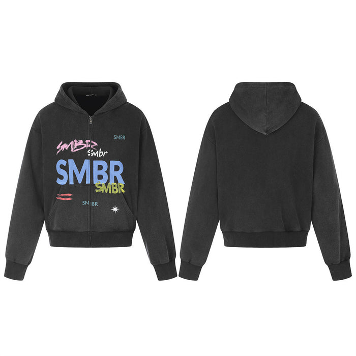 SMBR graffiti logo zip-up hoodie in washed dark grey, front and back view