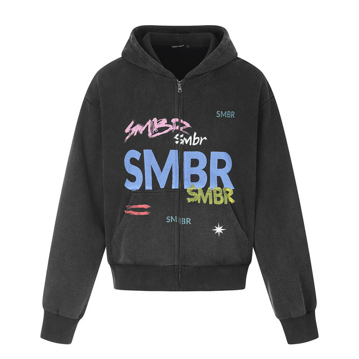 Front view of a black zip-up hoodie with colorful SMBR graffiti-style lettering and a white star graphic