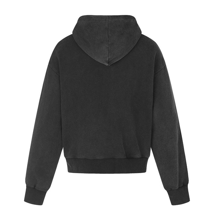 Back view of a plain black hooded zip-up hoodie with ribbed hem and cuffs
