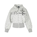 Heather grey cropped zip-up hoodie with all-over mini star print and leopard cross chest graphic, front and back view