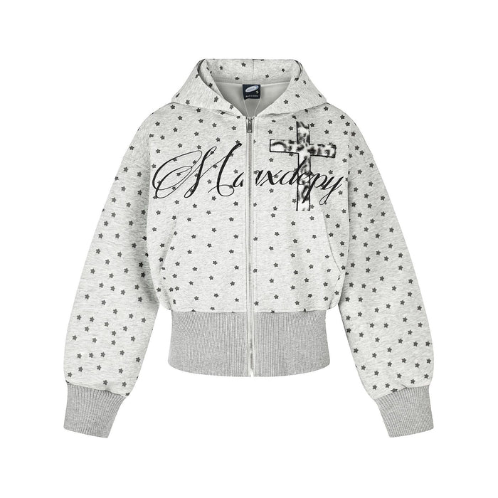 Heather grey cropped zip-up hoodie with all-over mini star print and leopard cross chest graphic, front and back view