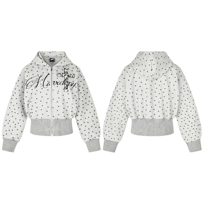 Gray cropped zip-up hoodie shown front and back with black star print, ribbed cuffs and hem, and cross graphic