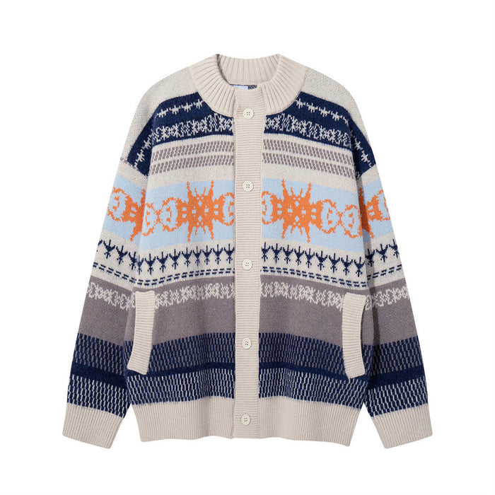 Men's striped jacquard knit button-up cardigan sweater in navy with red and cream pattern, front and back view