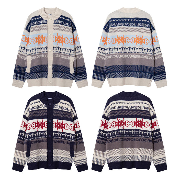 Striped Jacquard Knit Cardigan Sweater – Relaxed Fit Men's Button-Up