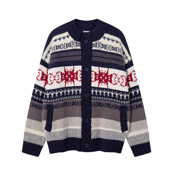 Striped Jacquard Knit Cardigan Sweater – Relaxed Fit Men's Button-Up
