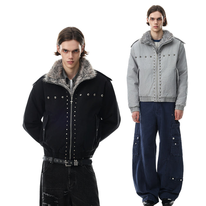 Black and light gray studded bomber jackets with gray faux fur collars shown on models